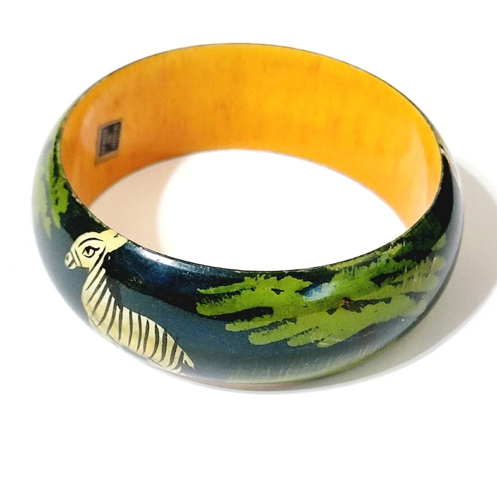 Vintage Enameled Jungle Print Zebra Wide Bangle Bracelet, Green- Tribal bn-1